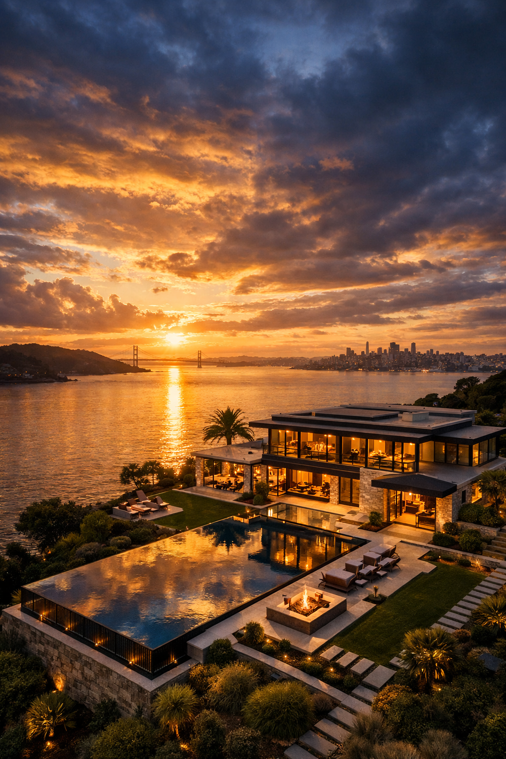 Luxury Bay Area mansion at sunset