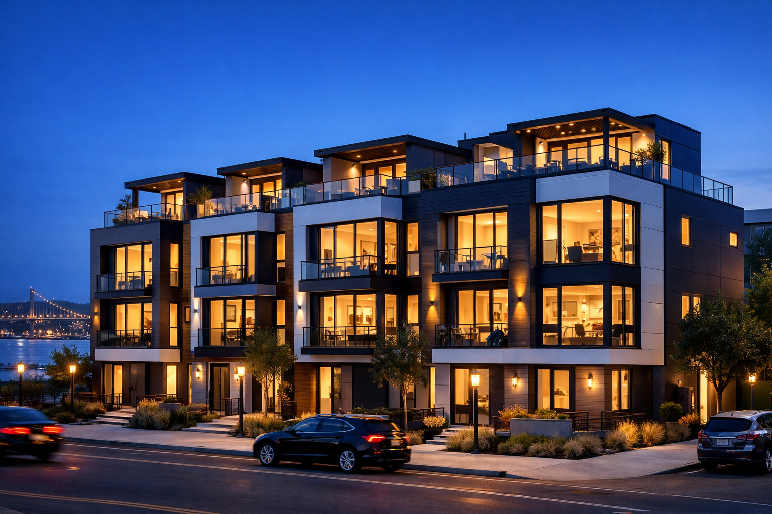 Waterfront Residences — multi-unit development at blue hour